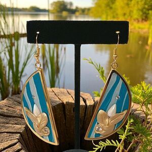 UHLIG Silk Dangle Earrings Vtg 80s Geometric Germany Designer Crystals Gold Tone